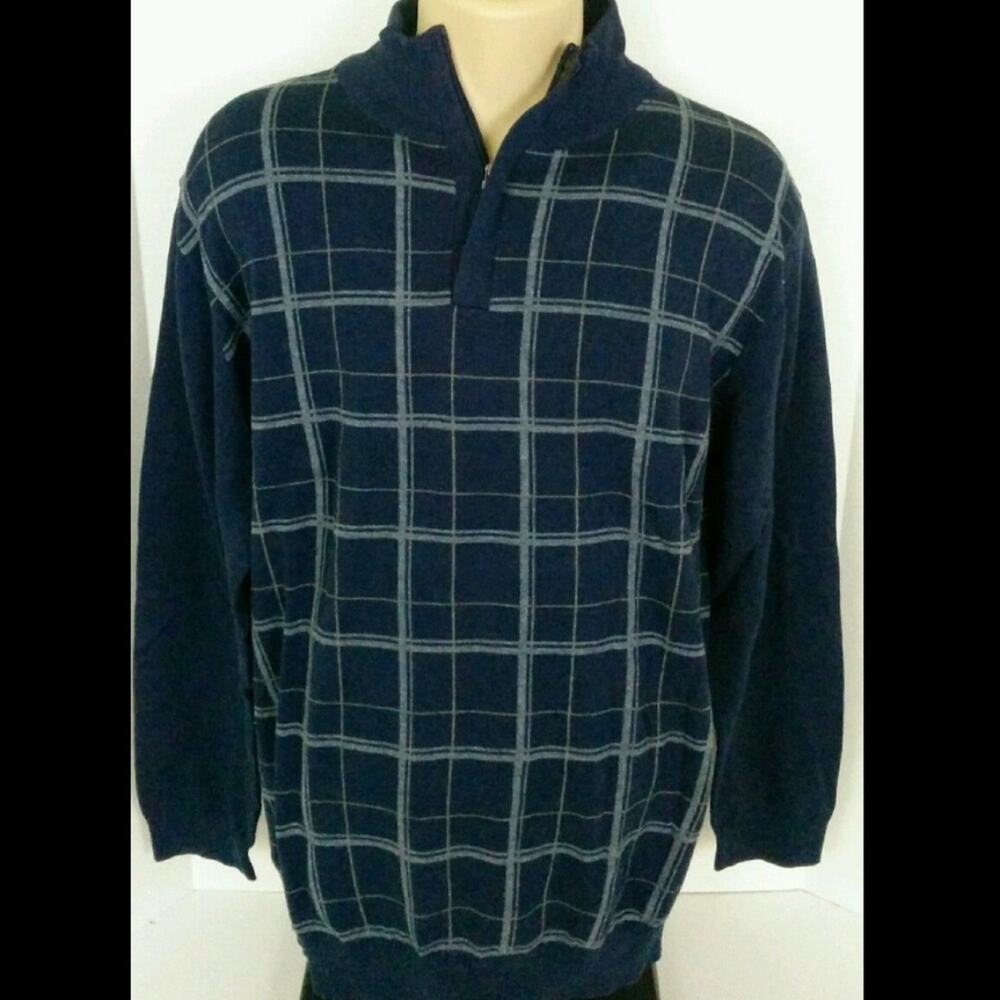 Tasso Elba Plaid Sweater Quarter Zip Window Pane Pullover XL‎ Blue Cotton Mens